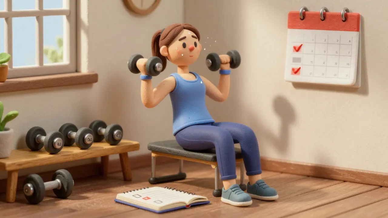 Женщина в планке с гантелями, рядом — тетрадь с отмеченными тренировками.