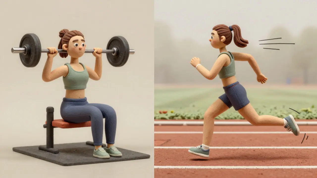 Женщина выполняет мостик с гантелей и бежит — связь между силой и бегом.