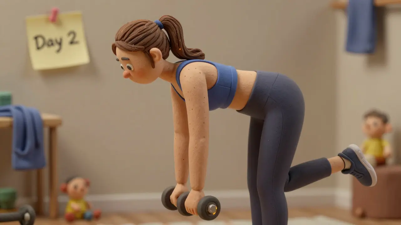 Женщина выполняет тягу гантелей в наклоне в спальне с мягким освещением.