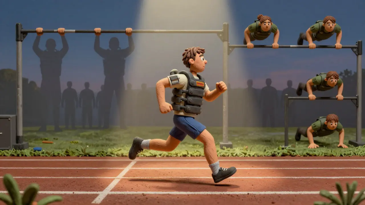 Атлет проходит испытание Мёрф: бег, подтягивания, отжимания и приседания в весе, с мемориальным оттенком.