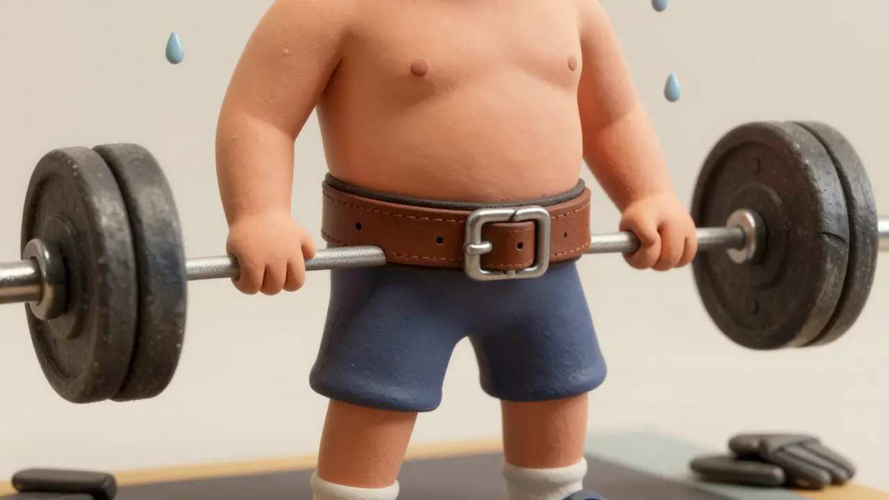 Атлет в ремне для штанги выполняет становую тягу, ремень создает давление на поясницу.
