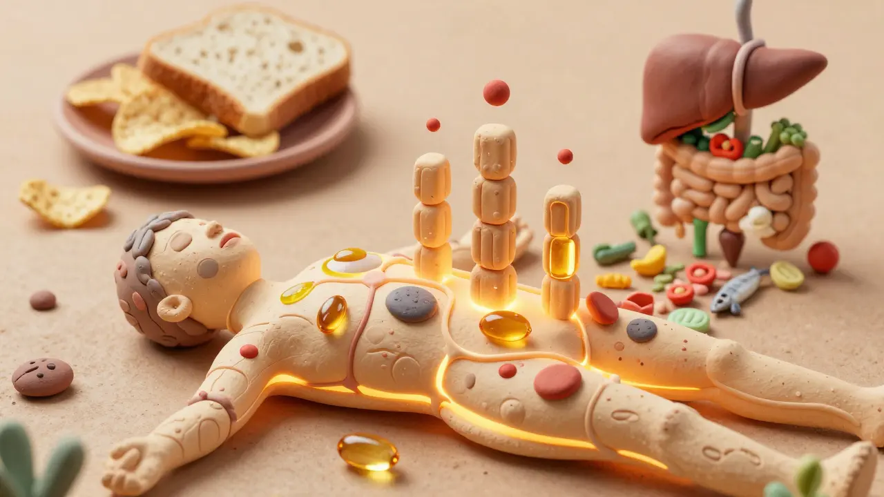 Человеческое тело как сеть клеток, где белок строит антитела, омега-3 смягчает мембраны, а антиоксиданты защищают от вредных частиц.