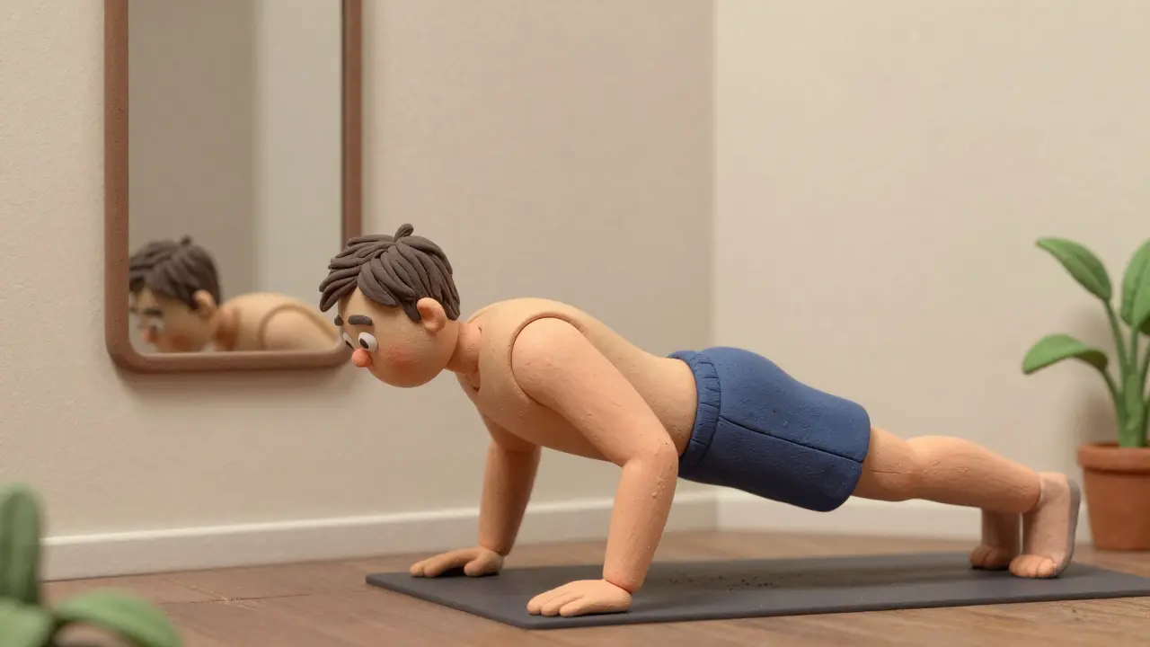 Человек делает отжимания от стены с правильной осанкой и опущенными плечами.