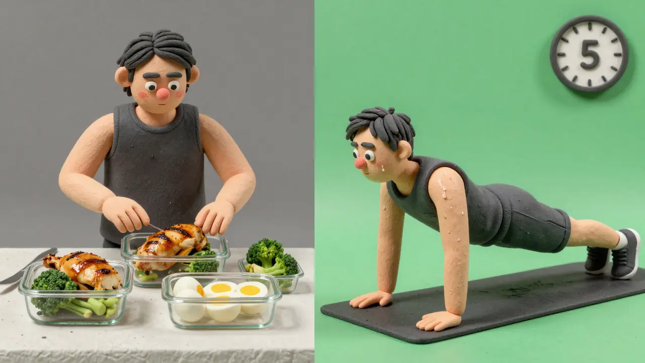 Человек готовит здоровую еду и тренируется в цикле.