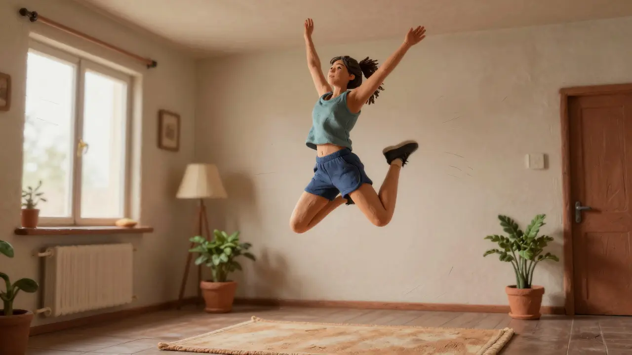 Человек прыгает в воздухе в маленькой комнате, руки подняты вверх.
