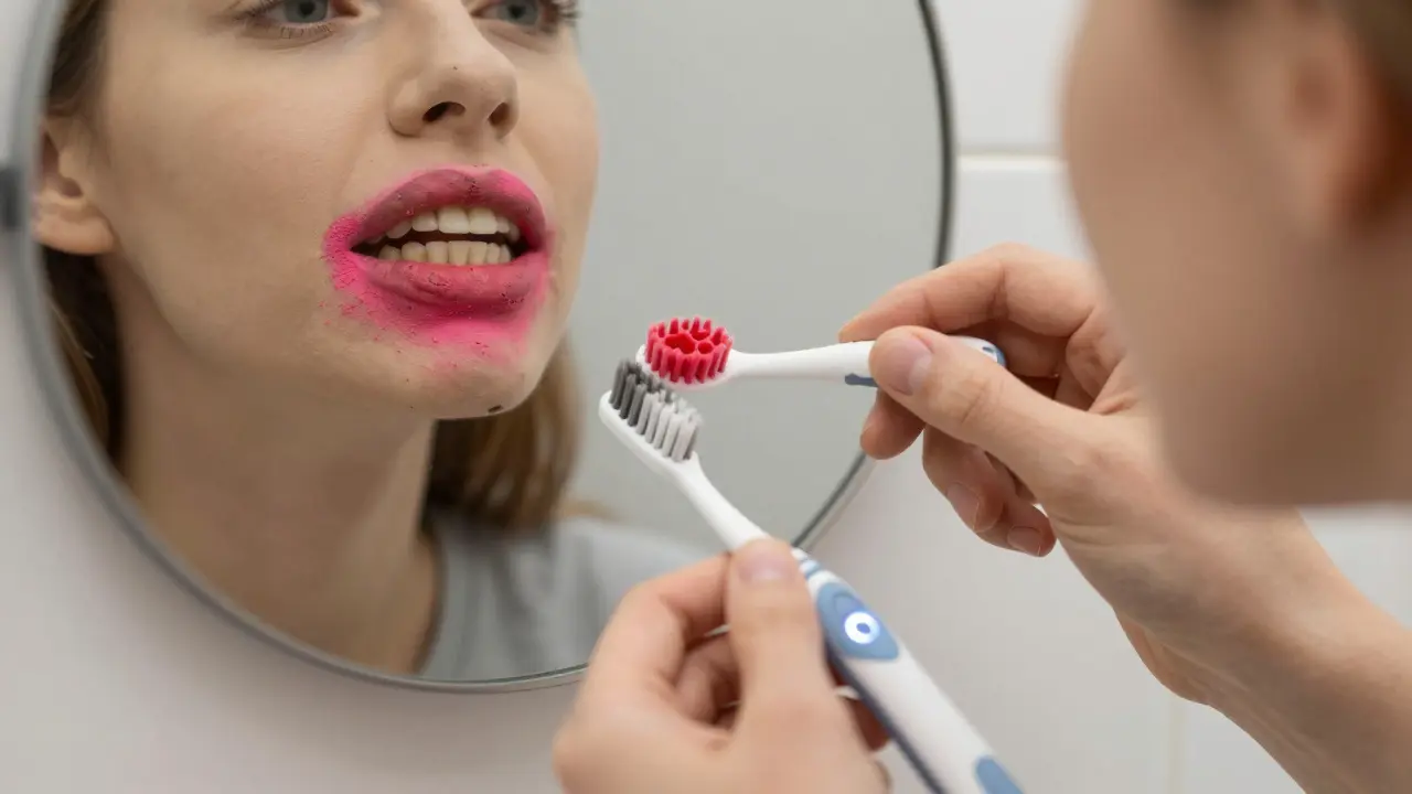 Человек смотрит в зеркало, где красящая таблетка выявляет налет на внутренней стороне зубов и жевательных поверхностях.