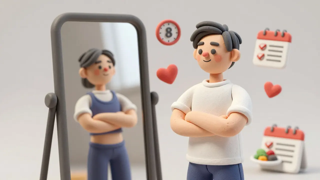 Человек смотрит в зеркало и видит прогресс за 8 недель.