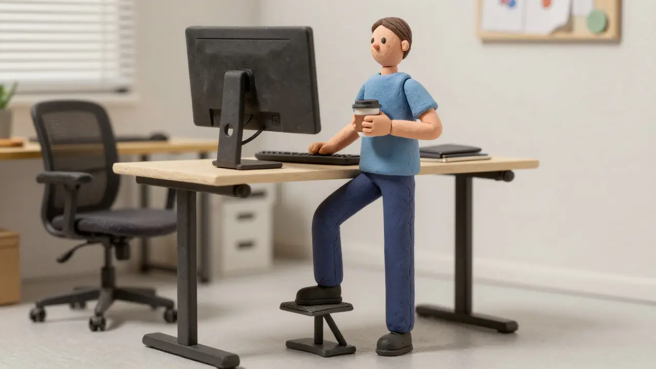 Человек стоит за регулируемым столом, одна нога на подставке, монитор на уровне глаз, плечи расслаблены.