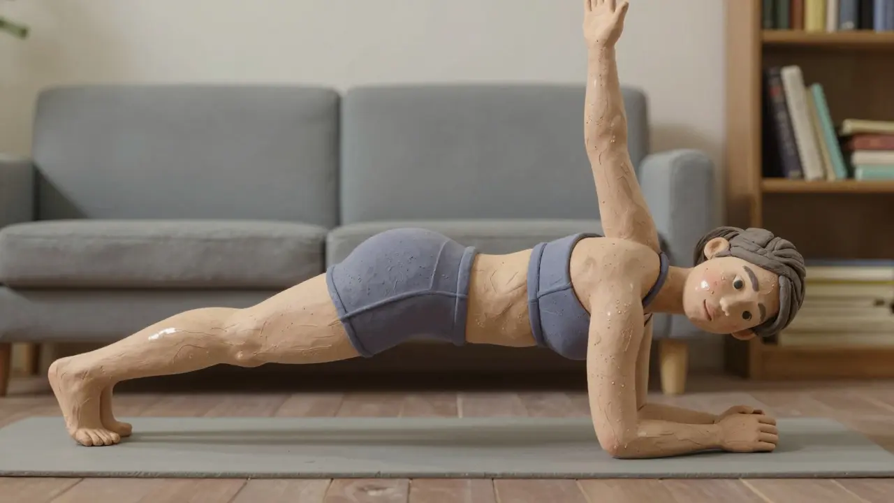 Человек в планке с поднятой рукой, тело образует прямую линию.