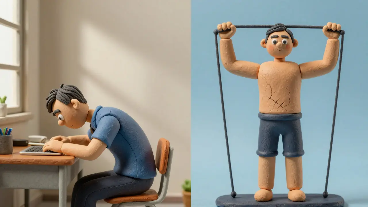 Два персонажа: один сутулится за столом, другой — сильный и прямой, выполняет жим.