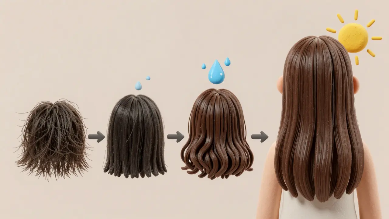 Эволюция волос от тусклых к блестящим за 6 недель, с символами восстановления.