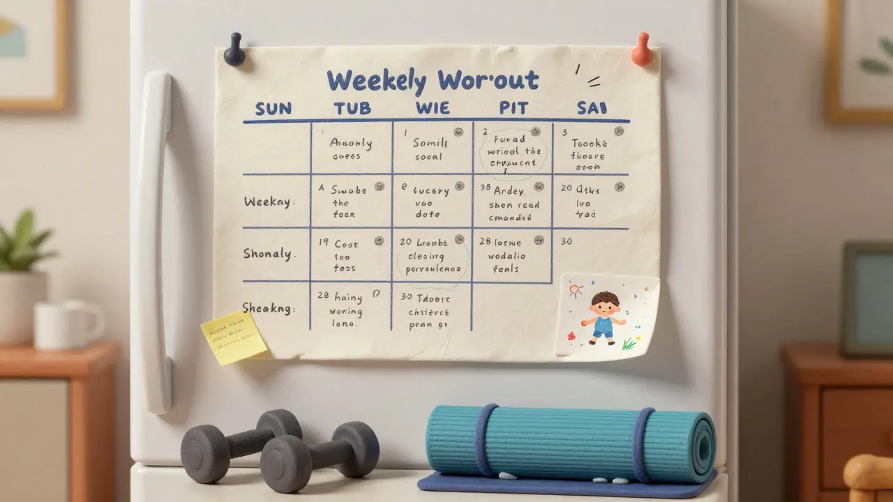 Недельный график тренировок на холодильнике с гантелями и ковриком внизу.