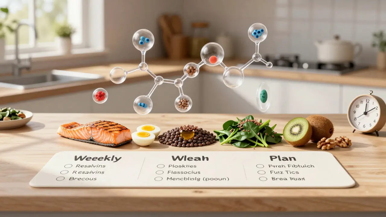 Недельный рацион для иммунитета: лосось, яйца, шпинат, киви и грецкие орехи на кухонной стойке.