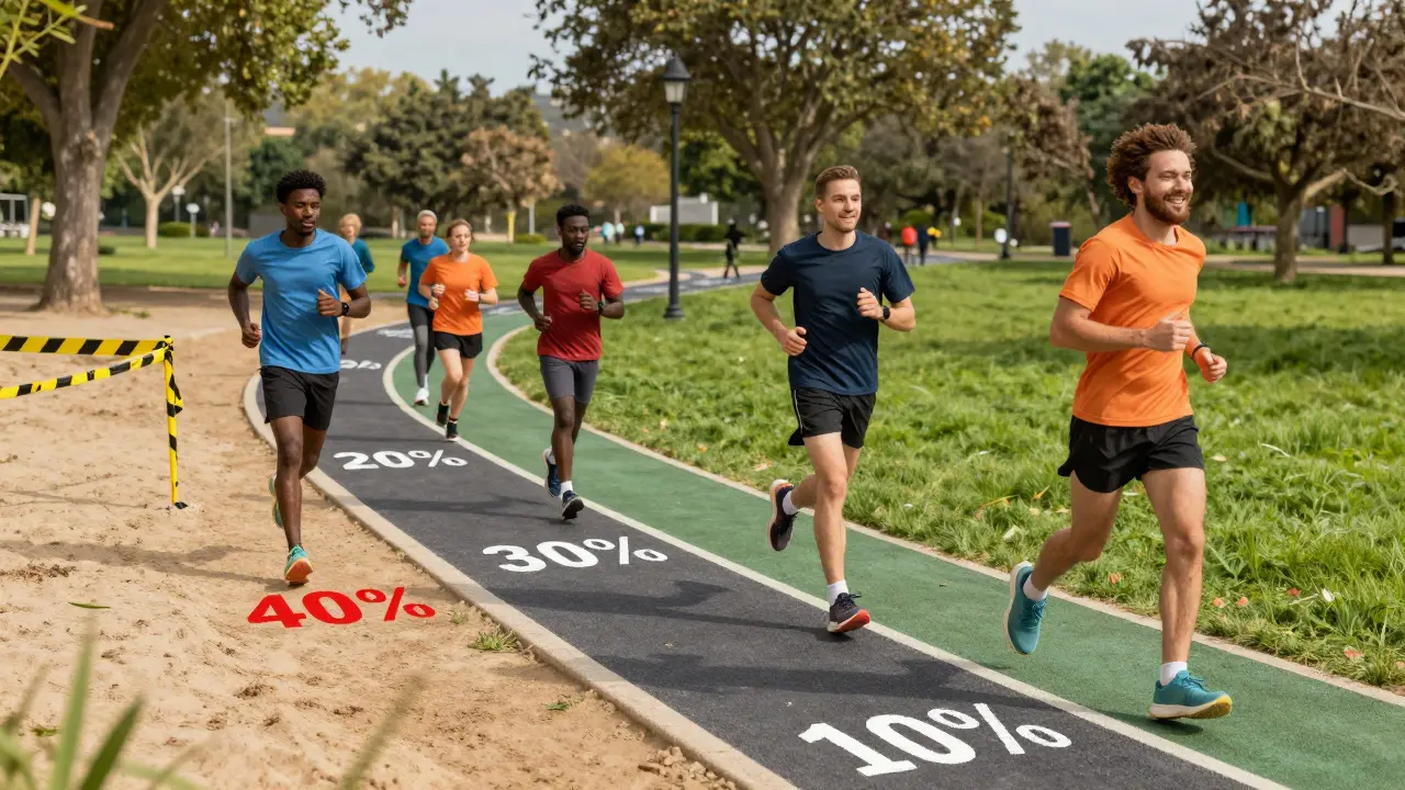 Разноцветный маршрут для бега с чередованием покрытий: грунт, асфальт, трава и синтетика, символизирующий безопасную тренировку.