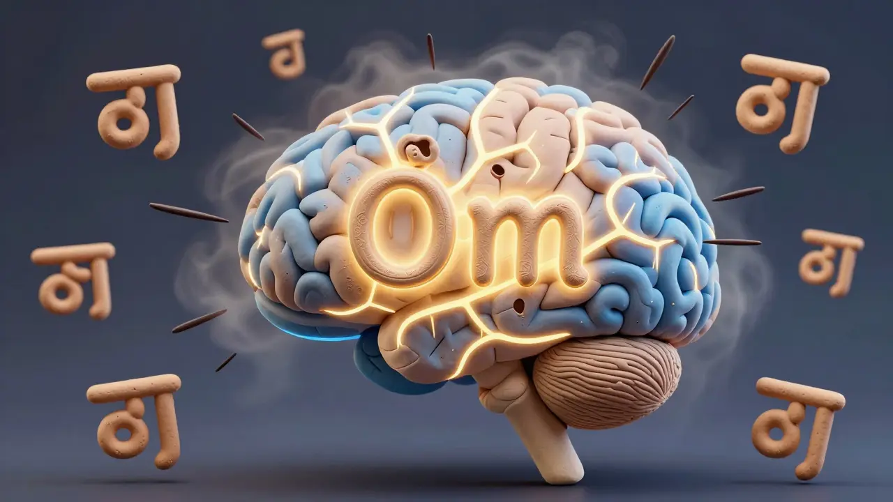 Разрез мозга с активированными областями под воздействием звука 'Ом'.