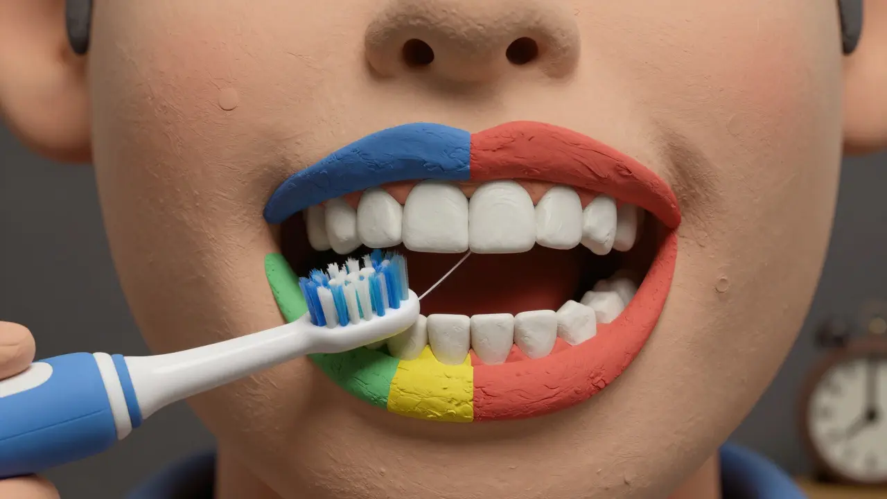 Рот разделен на четыре зоны, каждая чистится 30 секунд, электрическая щетка работает над жевательными поверхностями.