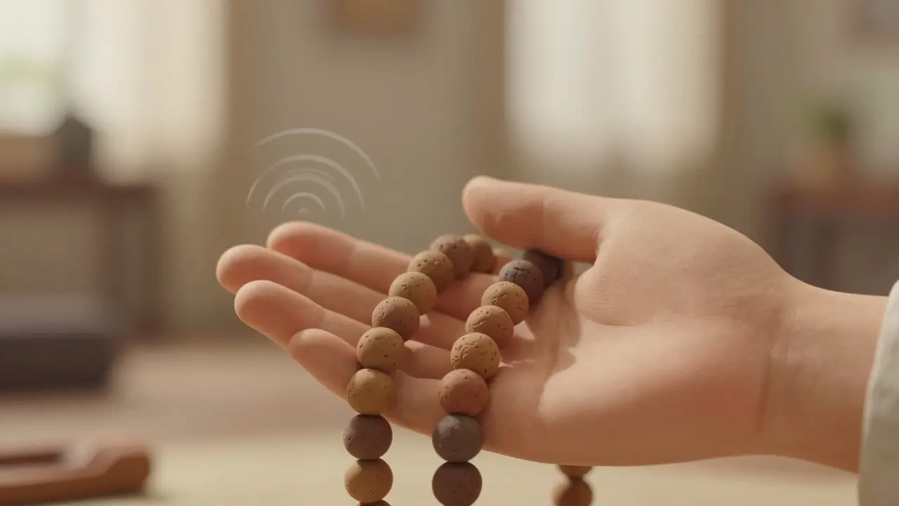 Рука перебирает бусины мала, из последней бусины исходит звуковая волна.