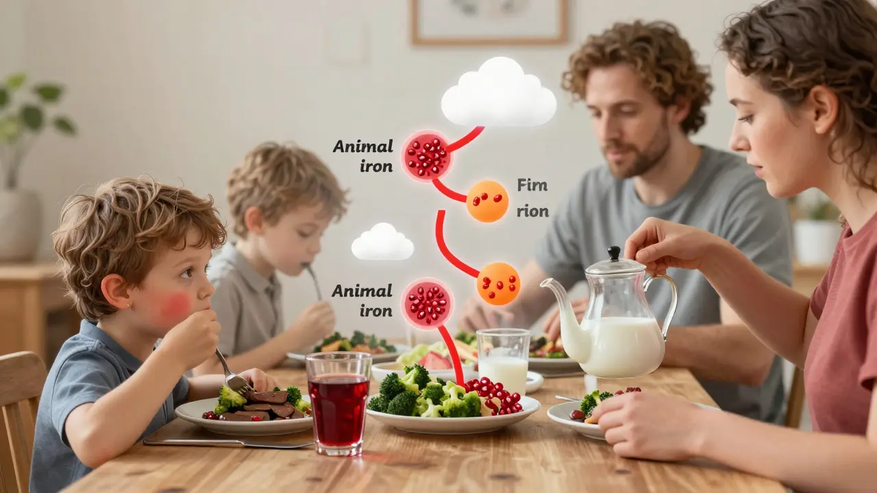 Семья ужинает: ребёнок ест печень и брокколи, родители убирают молоко и чай с стола.