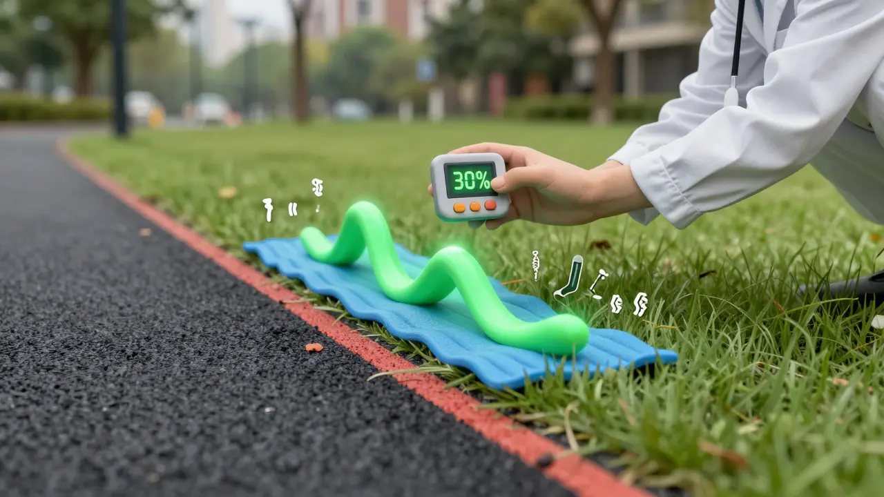 Сравнение асфальта и травы с визуализацией снижения нагрузки на суставы, научный стиль в пластилиновой манере.