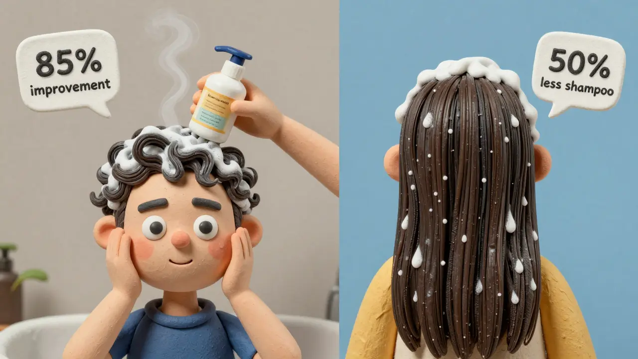 Сравнение мытья кондиционером и двойного очищения волос, с подписями о результатах.