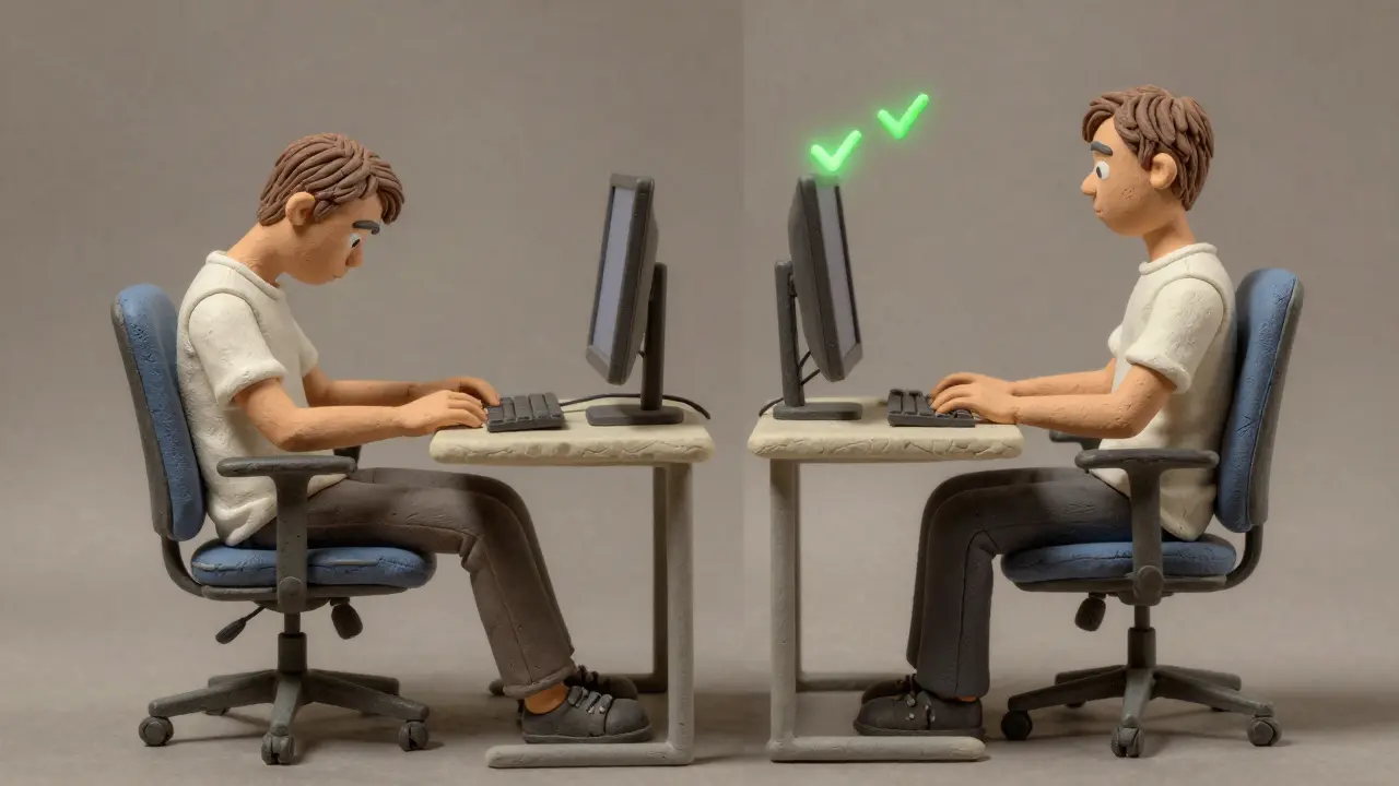 Сравнение: слева — сутулый человек с болью в спине, справа — тот же человек с правильной осанкой.