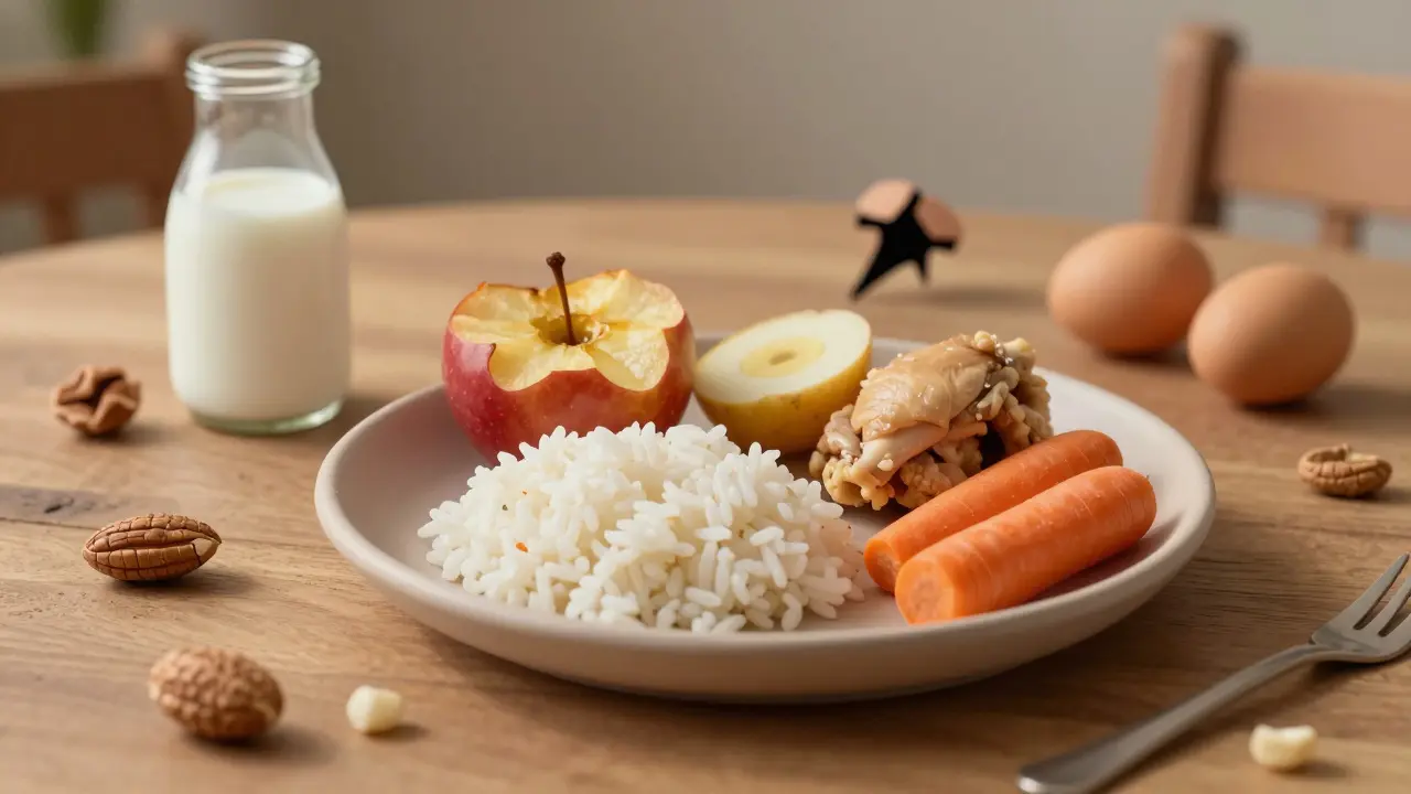 Тарелка с безопасной едой: рис, яблоко, курица, морковь, скрытые аллергены под столом.