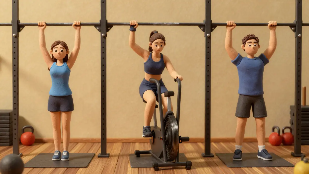 Три атлета разного уровня выполняют тренировку Синди в одном зале: новичок, опытный и элитный.