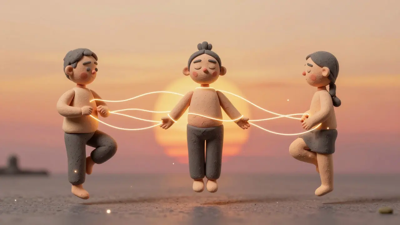 Три фигуры, соединённые светом, символизирующие центрирование, концентрацию и контроль в пилатесе.