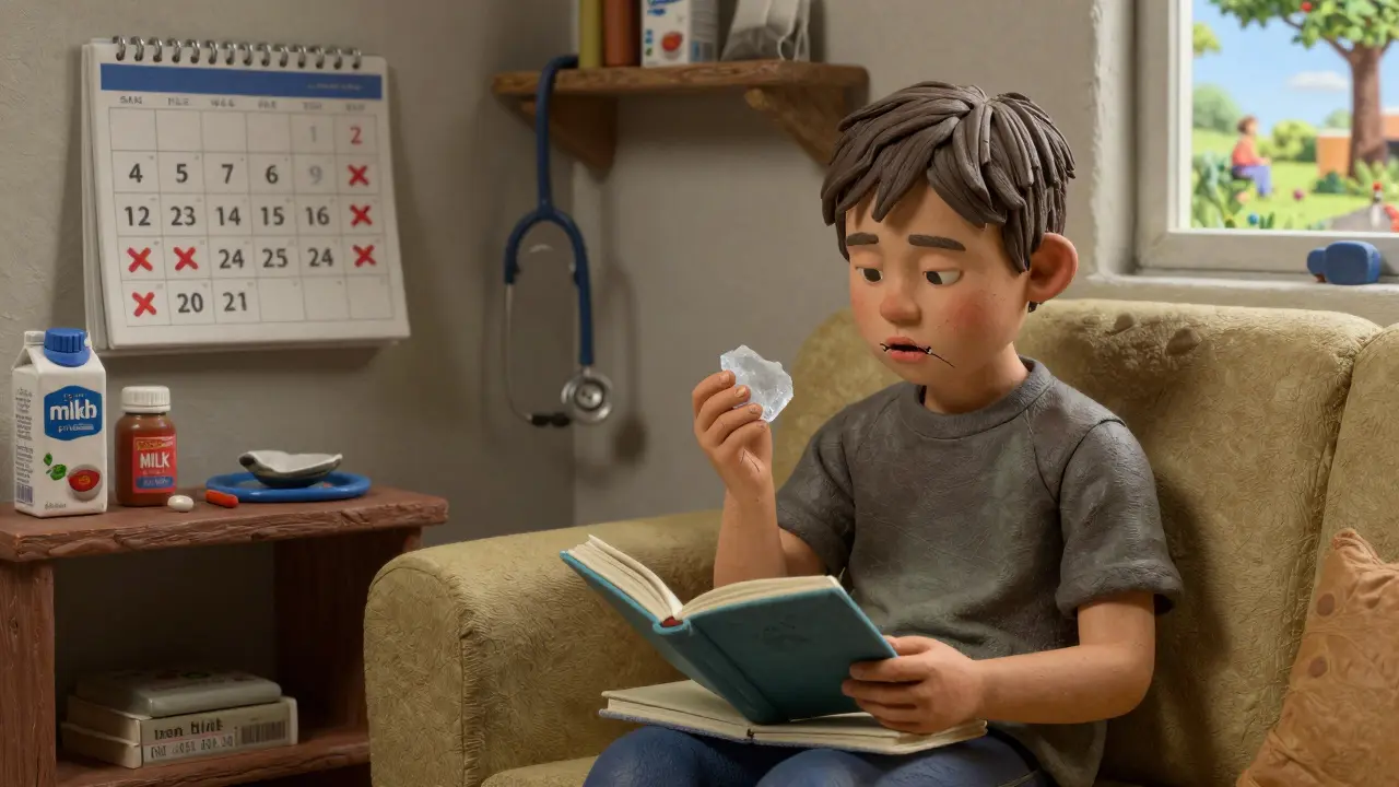 Уставший ребёнок ест лёд, рядом — молоко и чай, на стене — пропущенные дни в школе.