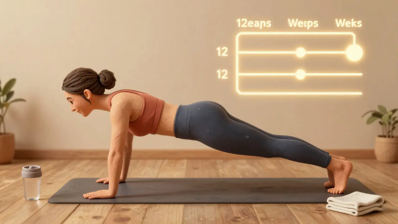 Женщина в планке с прогресс-чартом на стене, символизирующая 12 недель тренировок.