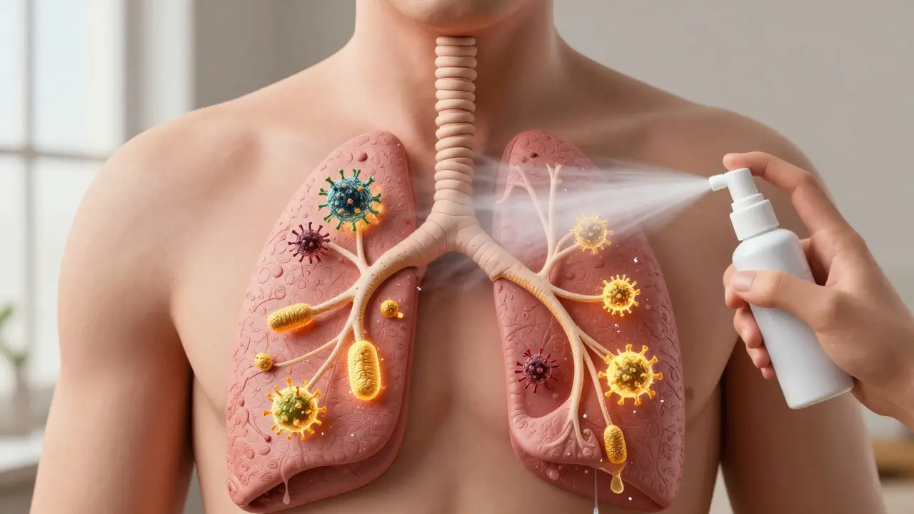 Абстрактное изображение слизистой носа с иммуноглобулином А, ловящим вирусы, и каплями увлажнителя, восстанавливающими защиту