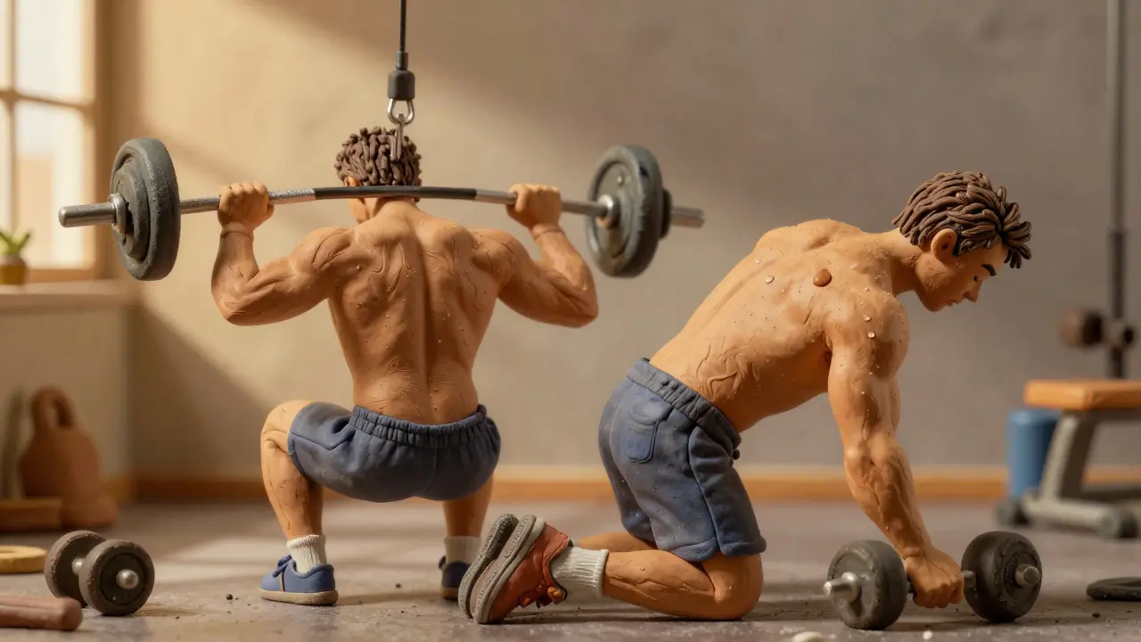 Атлет делает трисет на спину: тяга штанги, тяга блока и тяга гантели одной рукой.