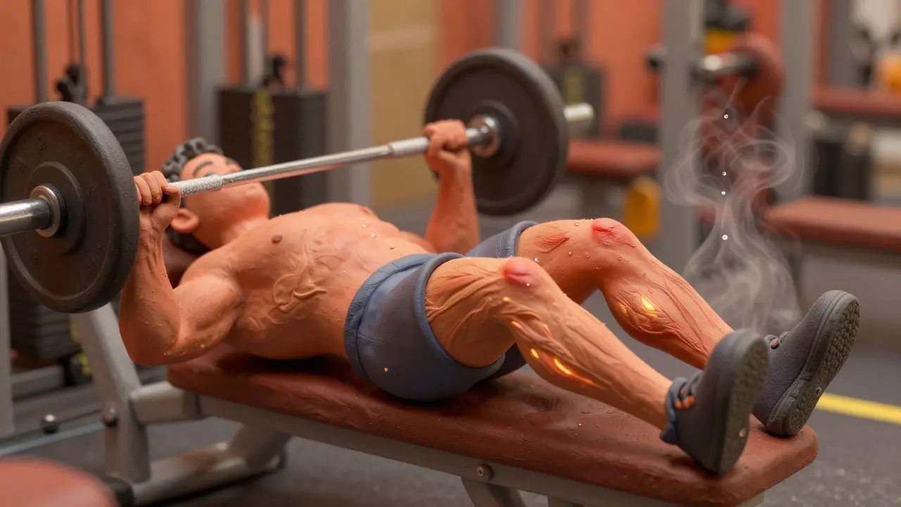 Атлет завершает трисет на ноги: жим ногами, сгибания и разгибания без отдыха.