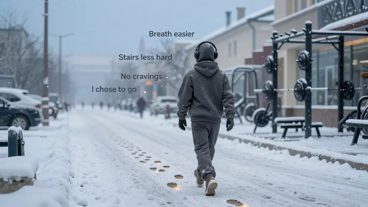 Человек идет по снежной улице к тренажерному залу, за ним светящиеся следы с отметками прогресса.