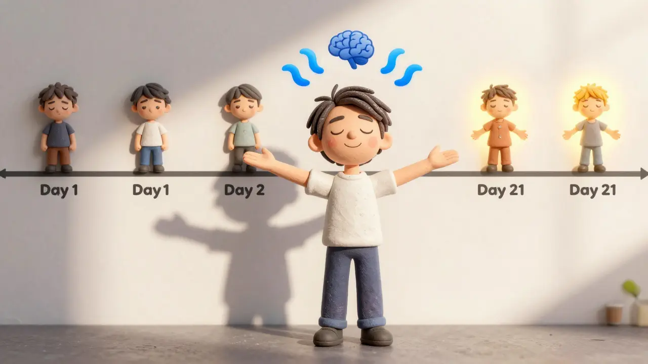 Человек на рассвете с восстановленной энергией, за ним — эволюция от усталости к здоровью