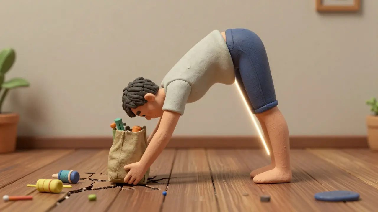 Человек наклоняется, чтобы поднять сумку, сохраняя прямую спину, в стиле глиняной анимации.