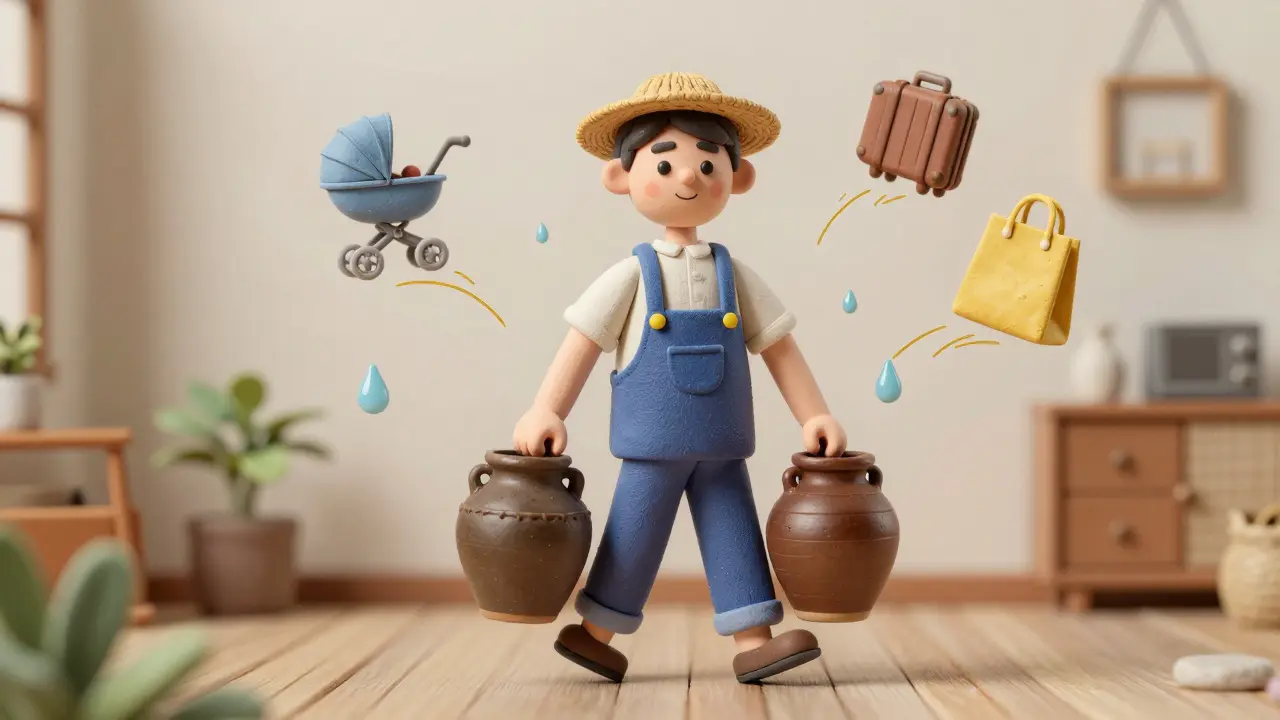 Человек несёт груз в руках, шагает прямо, сохраняя равновесие, вокруг — символы повседневных задач.