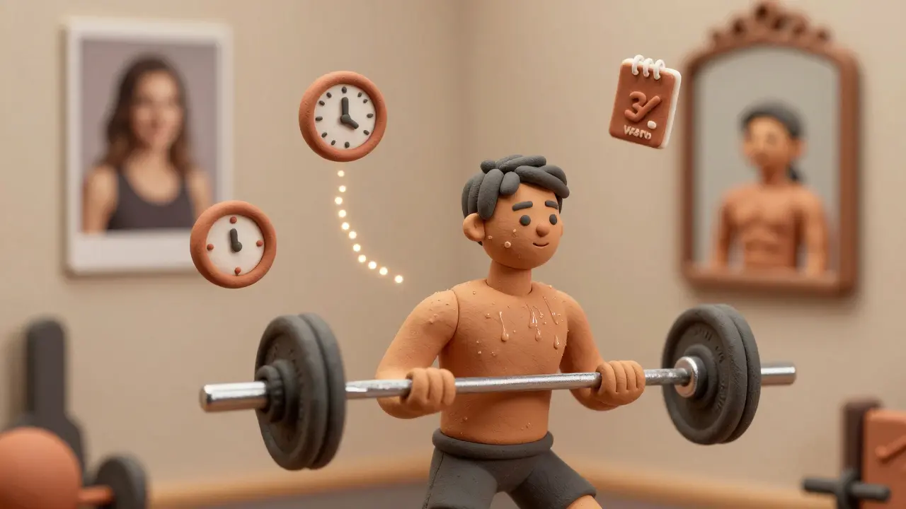 Человек поднимает штангу в зале, вокруг него — символы прогресса: часы, зеркало, силуэт и блокнот.