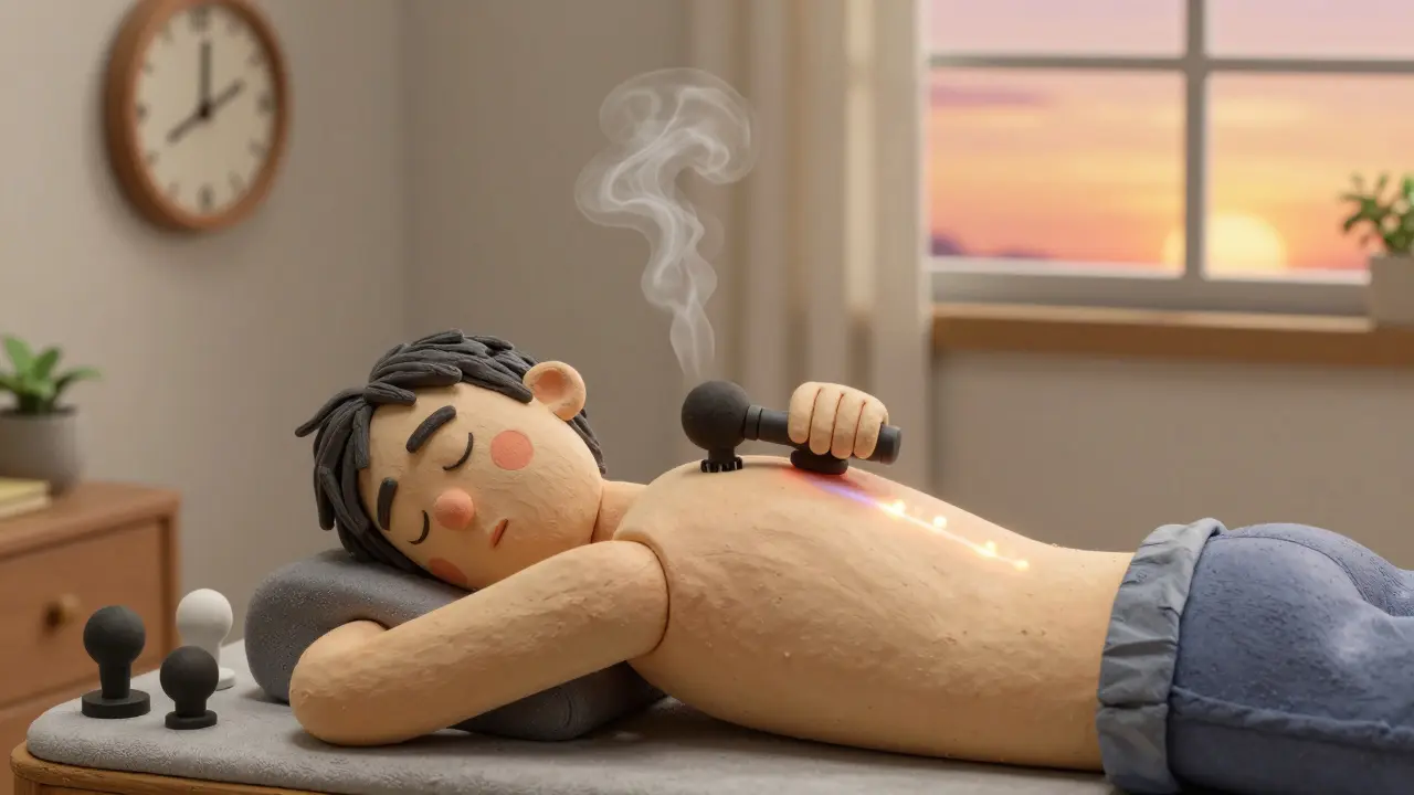 Человек расслабляется дома, используя массажер на спине, вокруг мышц виден легкий пар, как при отпуске напряжения.