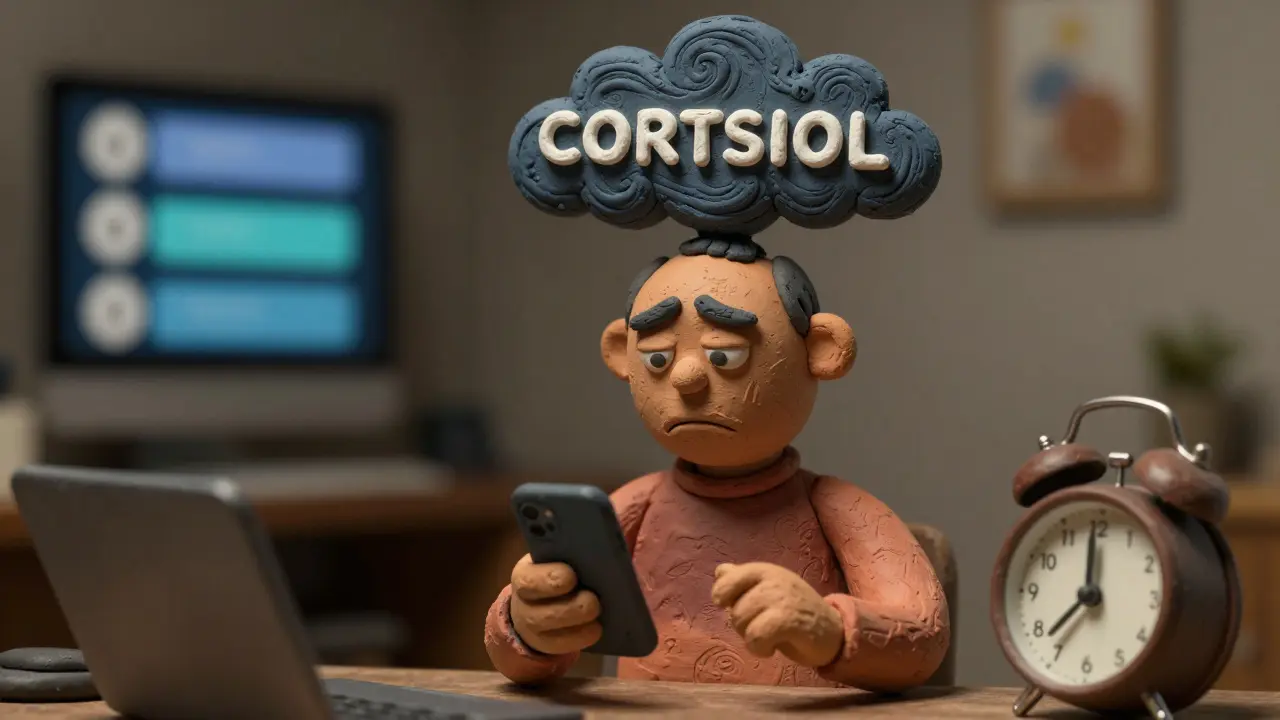 Человек со стрессом и облаком кортизола