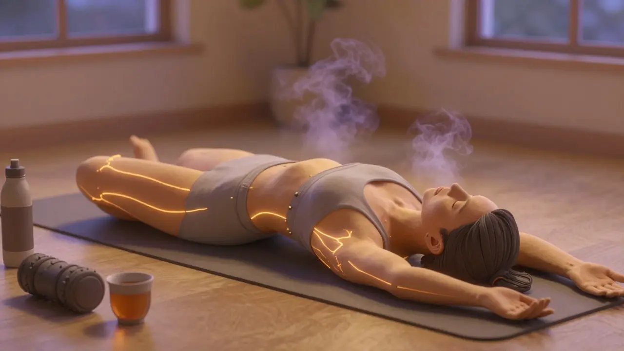 Человек выполняет мягкую растяжку на коврике, вокруг — теплый свет и потоки крови, атмосфера умиротворения.