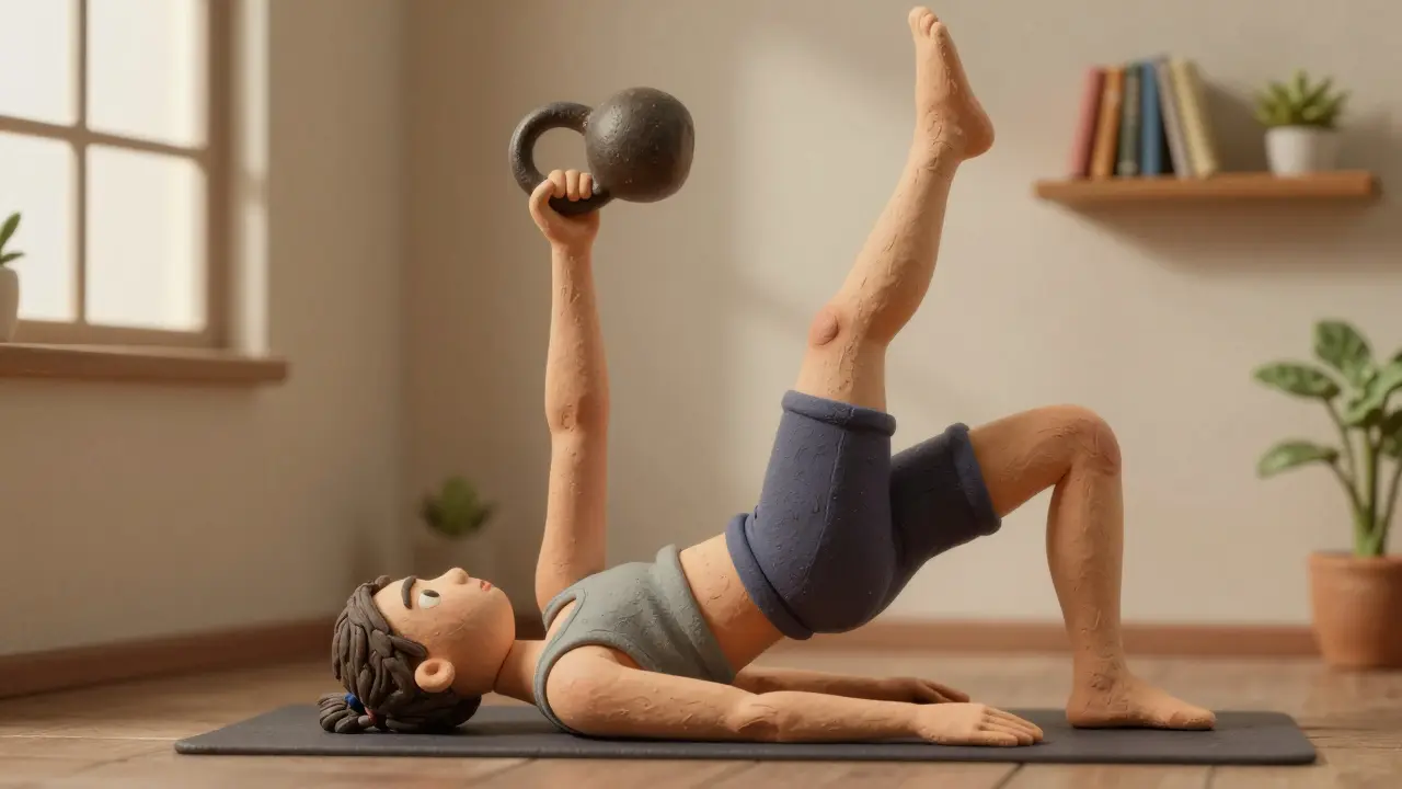 Человек выполняет турецкий подъём с гирей, поднимаясь с пола в положение стоя, удерживая вес над головой.