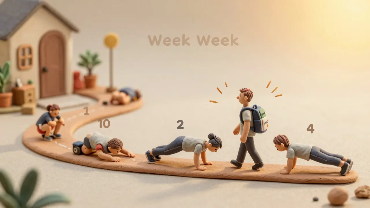 Четырехнедельный путь прогресса в виде глиняных скульптур, человек идет по нему с символом последовательности.