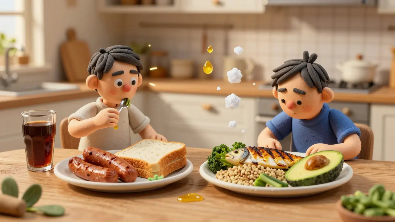 Две тарелки: одна с полезной едой, другая с фастфудом — человек светится от здоровой пищи.