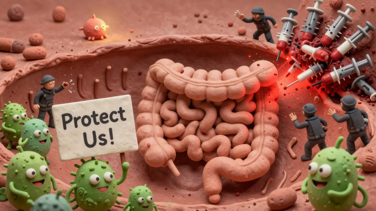 Кишечник с полезными бактериями под угрозой антибиотиков, вызывая аутоиммунную реакцию.