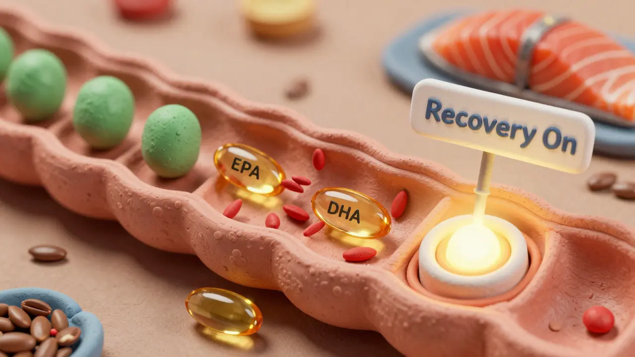 Микроскопическая клетка мышцы, где омега-3 заменяют воспалительные сигналы на молекулы восстановления.