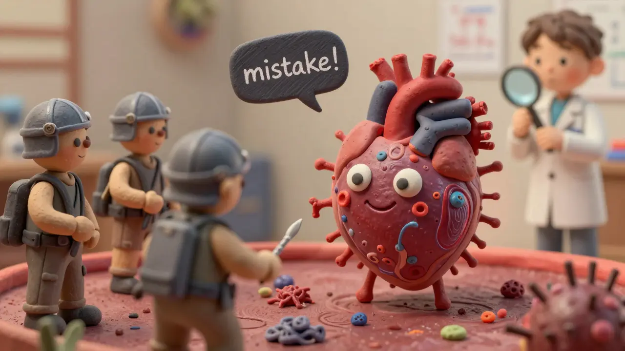 Молекулярная мимикрия: бактерия вызывает ошибку иммунной системы, атакующей сердце.