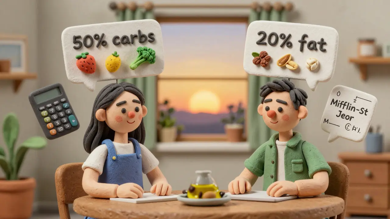 Мужчина и женщина с персонализированными планами питания на фоне рассвета.