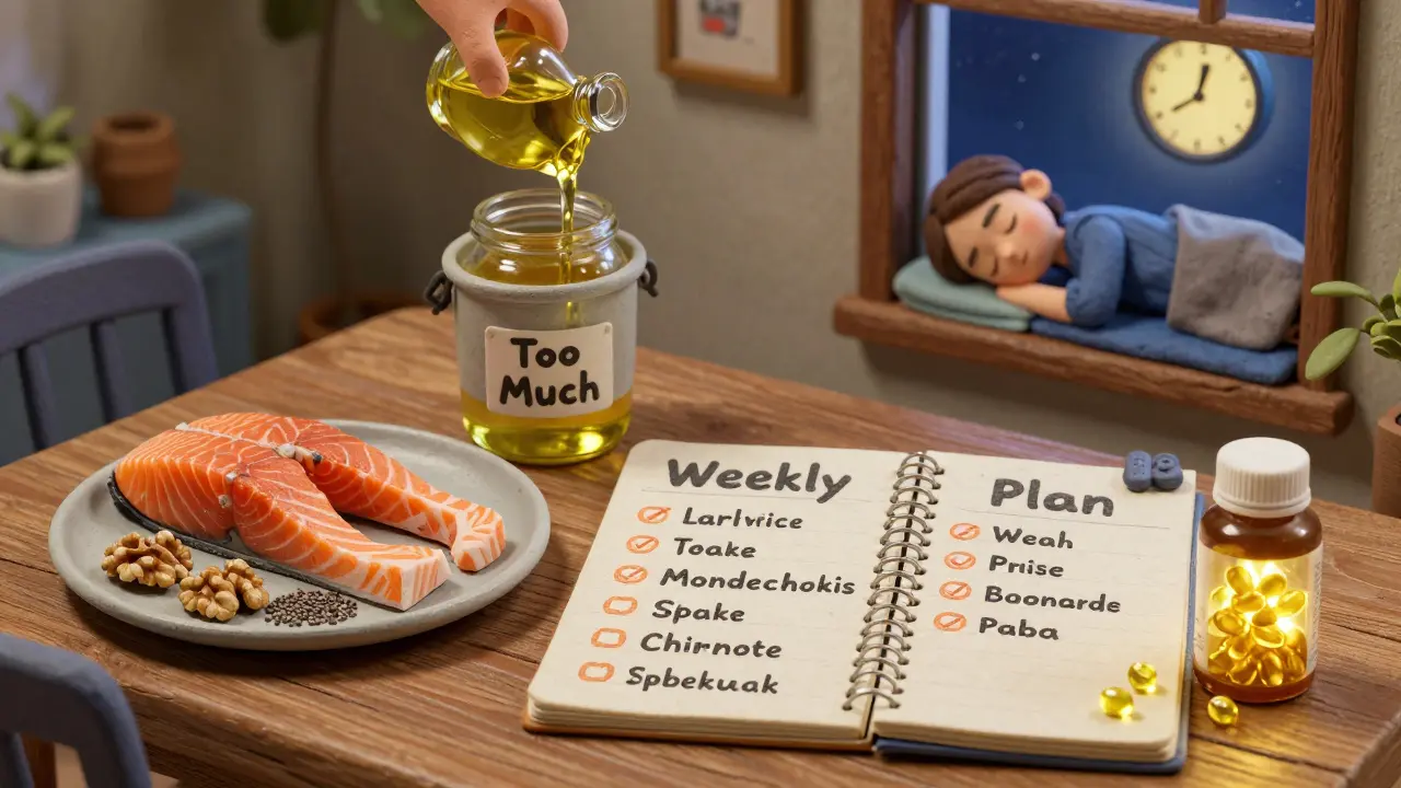 Недельный рацион: рыба и орехи вместо подсолнечного масла, человек спит, рядом — капсулы омега-3.