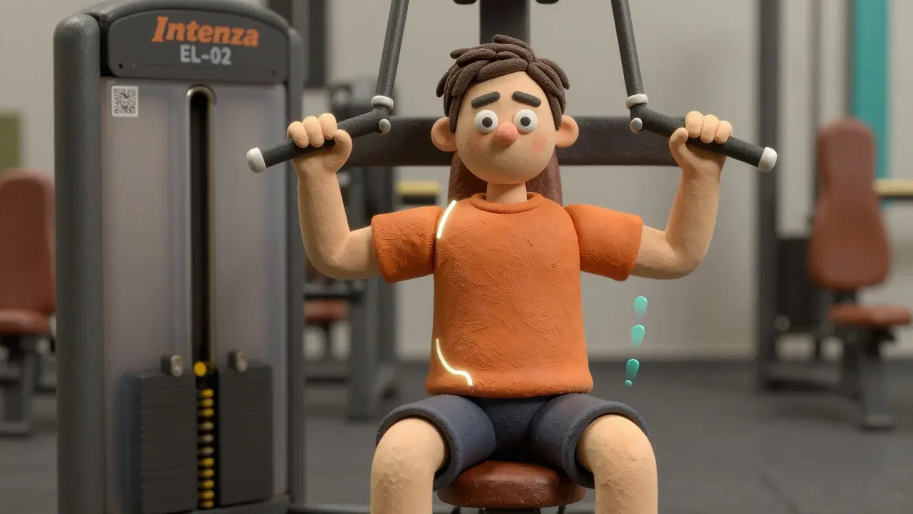 Новичок регулирует сиденье на тренажёре для жима груди, чтобы рукоятки были на уровне груди.